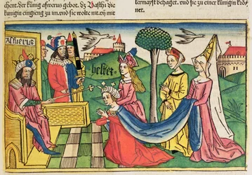 Estera 2 15-18, Estera została wybrana na Królową przez króla perskiego Aswerusa, z Biblii Norymberskiej (Biblia Sacra Germanaica) (kolorowy drzeworyt)