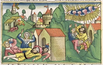 Wyjścia 11 1-10 Siedem plag egipskich: śmierć najstarszych synów, z Biblii Norymberskiej (Biblia Sacra Germanaica) (kolorowy drzeworyt)