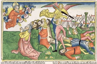 Wyjścia 32 15-23 Mojżesz łamiący kamienne tablice z Biblii Norymberskiej (Biblia Sacra Germanaica) (kolorowy drzeworyt)