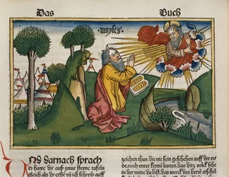 Wyjścia 34 1-10 Mojżesz otrzymuje drugie tabliczki z Dziesięciu Przykazaniami z Biblii Norymberskiej (Biblia Sacra Germanaica) (kolorowy drzeworyt)