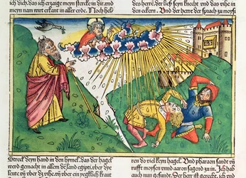 Wyjścia 9 13-35 Siedem plag egipskich: Mojżesz i plaga gradu i błyskawic, z „Biblii Norymberskiej (Biblia Sacra Germanaica)” (drzeworyt kolorowy)