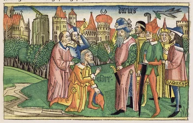 Ezdrasz 6 16 Świątynia Jerozolimska poświęcona przez króla Dariusza, z Biblii Norymberskiej (Biblia Sacra Germanaica) (kolorowy drzeworyt)