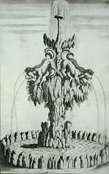 Fontanna z psami, z „Architectura Curiosa Nova”, Georg Andreas Bockler (1617-85), wydana 1704 (rycina)