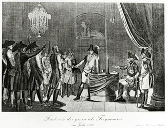 Fryderyk Wielki przyjmuje w Berlinie w 1740 roku swego szwagra Fryderyka, margrabiego Brandenburgii-Bayreuth, jako wolnomularza