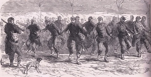 Francuscy żołnierze tańczący w obozie, Cassells History of the War between France and Germany wydana przez Cassell and Company Limited, c.1890 (lito)