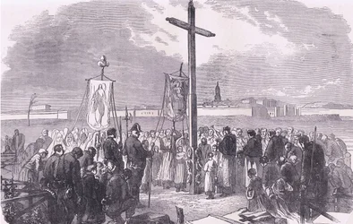 Ceremonia pogrzebowa nad francuskimi żołnierzami poległymi podczas oblężenia Paryża, Cassells History of the War between France and Germany wydana przez Cassell and Company Limited, c.1890 (lito)