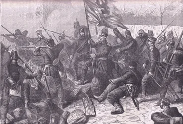 Generał von Budretzky kierujący atakiem na Le Bourget, Cassells History of the War between France and Germany opublikowany przez Cassell and Company Limited, c.1890 (lito)