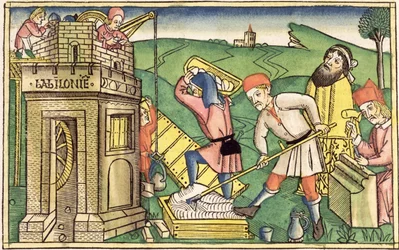 Rodzaju 11 1-9 Budowa wieży Babel, z Biblii Norymberskiej (Biblia Sacra Germanaica) (kolorowy drzeworyt)