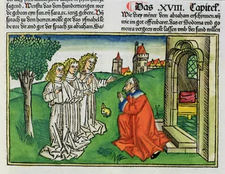 Rodzaju 18 2 Abraham i trzej aniołowie, z Biblii Norymberskiej (Biblia Sacra Germanaica) (kolorowy drzeworyt)