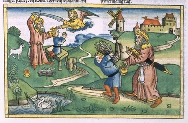 Genesis 21 1-14 Abrahams ofiarowanie Izaaka, z Biblii Norymberskiej (Biblia Sacra Germanaica) (kolorowy drzeworyt)