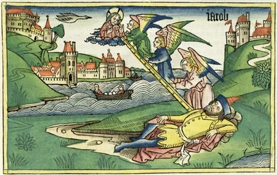 Rodzaju 28 10 Drabina Jakubowa, z Biblii Norymberskiej (Biblia Sacra Germanaica) (kolorowy drzeworyt)