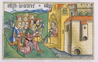 Rodzaju 42 1-5 Przybycie braci Józefa do Egiptu z „Biblii Norymberskiej (Biblia Sacra Germanaica)” (drzeworyt kolorowy)