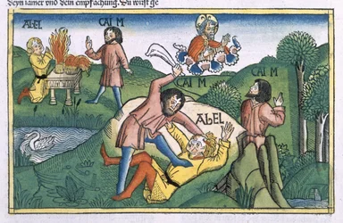 Księga Rodzaju 4:8 Kain zabija Abla, z „Biblii norymberskiej (Biblia Sacra Germanaica)”