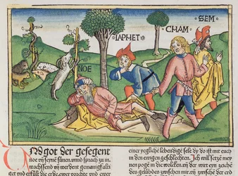 Księga Rodzaju 9, 20-27: Noe okryty płaszczem przez swoich synów Sema, Chama i Jafeta, z Biblii norymberskiej (Biblia Sacra Germanaica), barwny drzeworyt