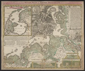Geograficzne przedstawienie nieszczęsnej powodzi wodnej w Dolnych Niemczech, która miała miejsce 25 grudnia 1717 r., ok. 1718 r. (druk)