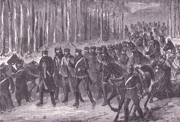 Niemiecka kawaleria w drodze do Paryża, Cassells History of the War między Francją a Niemcami opublikowana przez Cassell and Company Limited, c.1890 (lito)
