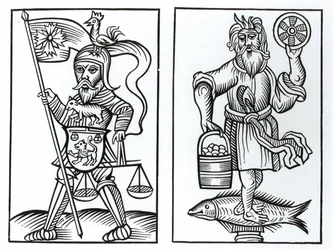 Hermensul lub Irminsul (po lewej) i Crodon (po prawej) bożki starożytnych Sasów, według drzeworytu w Annales Circuli Westphalia Hermana Stangefola, opublikowanego 1656