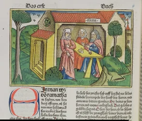 I Samuel 1:8 Elkana pociesza Hannę, z Biblii Norymberskiej (Biblia Sacra Germanaica) (kolorowy drzeworyt)