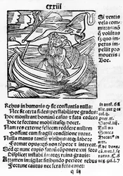 Ilustracja z Mortal Ship Stultifera autorstwa Sebastiana Branta, wydrukowana przez Johannesa Schenspengera, 1497 (woocut)