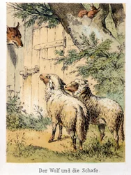 Ilustracja do bajek Franza Hoffmanna „Opowieści i bajki – wilk i owca””: wilk rozmawiający z dwiema owcami. Chromolitografia XIX wieku.