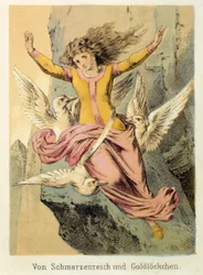 Ilustracja do bajek Franza Hoffmanna „Bajki i bajki – Von Schmerzen Reich und Gold¿kuchen””: kobieta otoczona trzema ptakami. Chromolitografia XIX wieku.