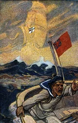 Ilustracja przedstawiająca propagandę niemiecką z magazynu Jugend podczas I wojny światowej. Angielski marynarz jest terroryzowany przez pojawienie się statku widmo pływającego pod banderą Rzeszy.
