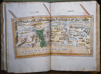 Inc. 425 Mapa Ziemi Świętej, oparta na opisach i współrzędnych podanych w Cosmographica, przez Ptolemeusza (Klaudiusza Ptolemeusza z Aleksandrii) (ok. 90-168 AD) opublikowana w Ulm, Niemcy, przez Johanna Regera fo