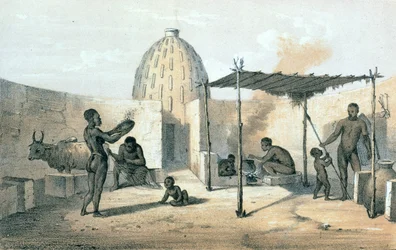 Wnętrze mieszkania Musgu w pobliżu Czadu, z „Podróże i odkrycia w Afryce Północnej i Środkowej” autorstwa dr Heinricha Bartha (1821-65) (lito)