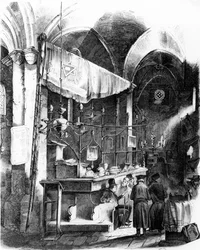 Wnętrze Altneuschul (Staro-Nowej Synagogi), Praga, 1852 r.