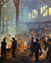 Wnętrze fabryki metalurgicznej w 1908 r. Według Jugend.
