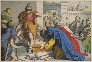 Juda Machabeusz w Maspha, ilustracja z Lancien Testament, wyd. Jakob Ferdinand Schreiber, Esslingen (kolorowe grawerowanie)