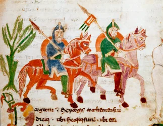 Rycerze z końmi Miniatura z rękopisu „De Universo” lub „De rerum naturis” (O Naturze Rzeczy) Rabana Maurusa Magnentiusa (lub Raban Maur lub Rabano Mauro, ok. 780-856). IX wiek. Archiwum Opactwa Monte Cassino (Góra Cassin)