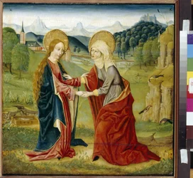 Wizyta. (Matka Boża odwiedza swoją kuzynkę św. Elżbietę, ciężarną ze św. Janem Chrzcicielem). Obraz mistrza nad Górnym Renem (czynny XV w.), olej na drewnie