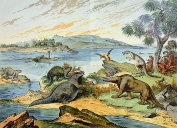 Krajobraz przedstawiający okres kredowy (146 do 65 milionów lat temu), ilustracja z Historii naturalnej mineralogii i paleontologii autorstwa G. H. von Schuberta, 1888