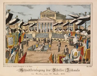 Wmurowanie kamienia węgielnego pod pomnik Schillera na Gendarmenmarkt w Berlinie, 10 listopada 1859, na tle Schauspielhaus, z Neuruppiner Bilderbogen, wyd. Oehmigle & Ri