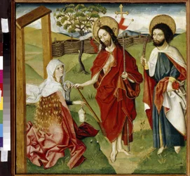 Chrystusa, Marii Magdaleny i św. Bartłomieja (lub Natanaela, Apostoła) (Chrystusa, Marii Magdaleny i św. Bartłomieja). Może być przedstawieniem „Noli me tangere”: wizji zmartwychwstałego Chrystusa u św. Marii Magdaleny. Jezus Chrystus trzyma zasłonę