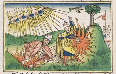 Księga Kapłańska 10 1-2 Nadab i Abihu ofiarowują bezbożny ogień i umierają, z Biblii Norymberskiej (Biblia Sacra Germanaica) (kolorowy drzeworyt)