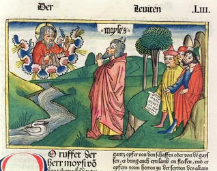 Księga Kapłańska 1 1-7 Prawo ofiarowania z Biblii Norymberskiej (Biblia Sacra Germanaica) (kolorowy drzeworyt)