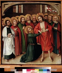 Niedowierzanie św. Tomasza. Jezus Chrystus trzyma białą flagę (standard) wybitą czerwonym krzyżem, a jego aureola jest oznaczona krzyżem. Obraz mistrza szwabskiego (aktywny ok. 1500). Olej na drewnie, 64 x 62 cm, v