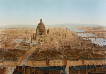 Londyn: St. Pauls i Tamiza z lotu ptaka, pub. przez Carla Martin