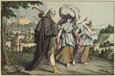 Lot i jego córki uciekają, ilustracja z LAncien Testament, wyd. Jakob Ferdinand Schreiber, Esslingen (kolorowe grawerowanie)