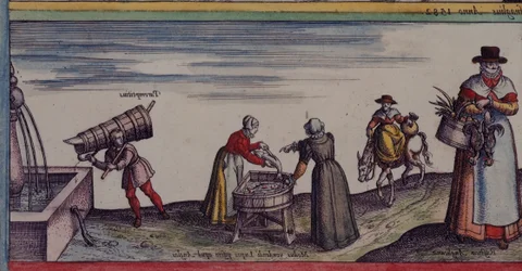 Maps.C.29.e.1 Kobiety tnące ryby, z „Miast świata”, ok. 1623 (welum)