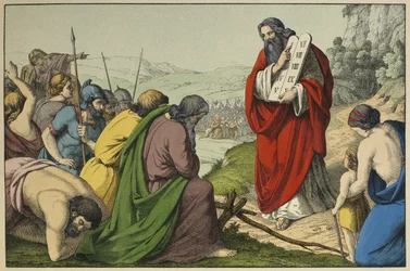 Mojżesz i tablice Prawa, ilustracja z Testamentu Lancien, wyd. Jakob Ferdinand Schreiber, Esslingen (kolorystyka)