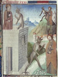 Ms Hunter 36 f.110r Trzy sceny kuszenia, z Vita Christi, autorstwa Ludolfa z Saksonii, ok. 1300-7778