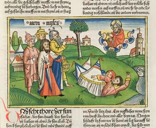 Liczb 16 32 Ziemia połyka buntowników Datan i Abiram, z Biblii Norymberskiej (Biblia Sacra Germanaica) (kolorowy drzeworyt)
