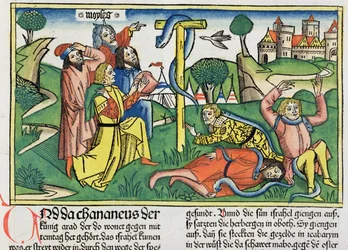 Liczb 21 4-9 Jadowite węże gryzą zbuntowanych Izraelitów, z Biblii Norymberskiej (Biblia Sacra Germanaica) (kolorowy drzeworyt)