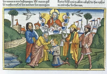 Liczb 27 18-23 Mojżesz kładzie rękę na Jozuego, z Biblii Norymberskiej (Biblia Sacra Germanaica) (kolorowy drzeworyt)