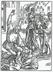 O brekynge i hurtynge of amyte i frendshyp, ilustracja z angielskiego przekładu „Statek głupców” Aleksandra Barclay