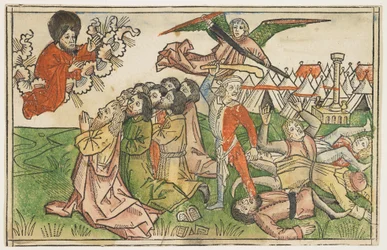 Lud Izraela ukarany za oddawanie czci fałszywym bogom ok. 1478 r., z Biblii Kobergera, Norymberga, 1483 r. (rękokolorowany drzeworyt)