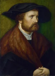 Anonimowy obraz „Portret mężczyzny” z południowych Niemiec, około 1530 r. w Londynie National Gallery